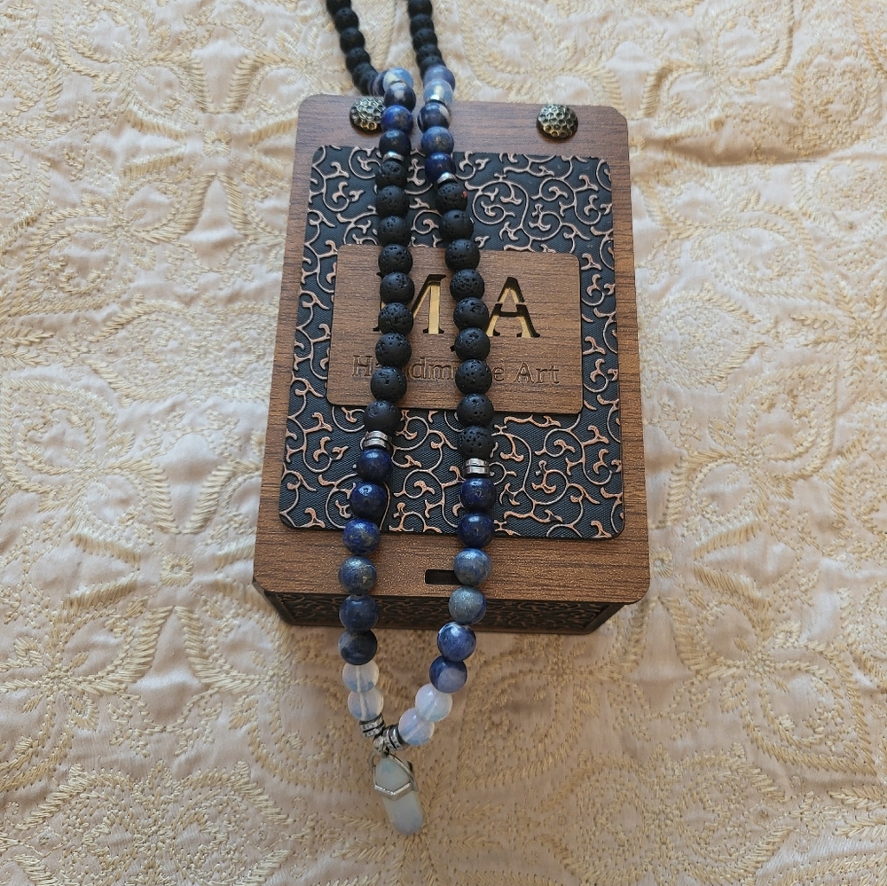 Handmade Beaded Necklace - Blue and White